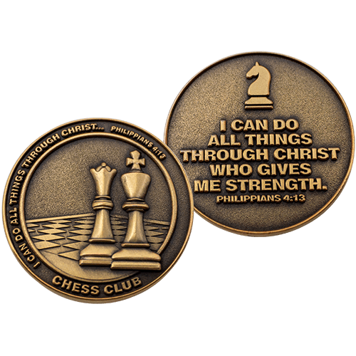 Front and back of Chess Club Christian Antique Gold Plated School Coin