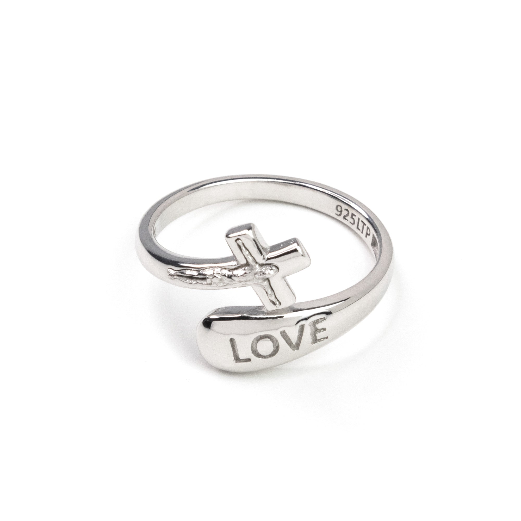 Sterling Silver Wrap Ring - Love and Crucifix, One Size Fits Most