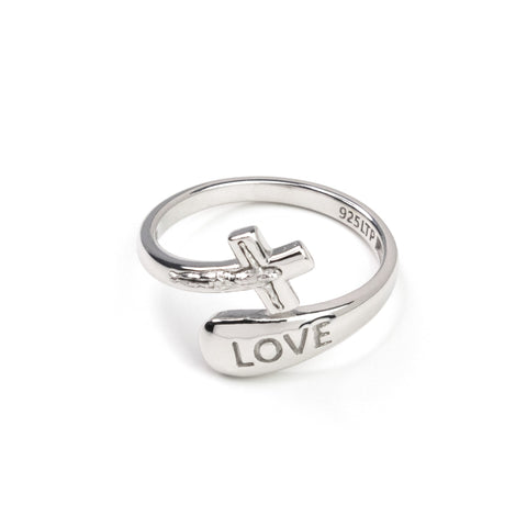 Sterling Silver Wrap Ring - Love and Crucifix, One Size Fits Most