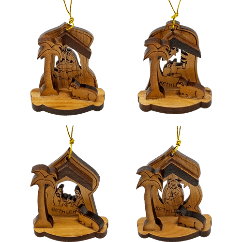 Holy Land 4 Ornament Olive Wood Nativity Set in Box hanging