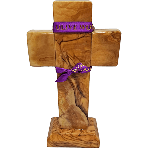 Holy Land 7" Genuine Olive Wood Standing Cross back with purple ribbon