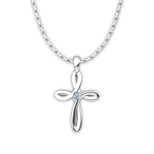 April Cubic Zirconia Birthstone Swirl Cross Sterling Silver Necklace - With 18" Sterling silver Chain