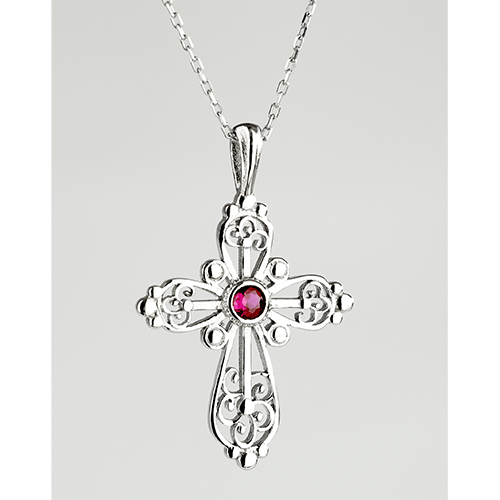 Sterling Silver Filigree Birthstone Cross Necklace - July
