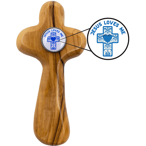 Boys Baptism - Medium Deluxe Comfort Cross in Gift Box with enlarged medallion view
