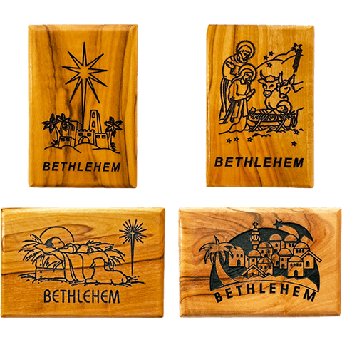 all 4 christmas olive wood nativity magnets from Israel