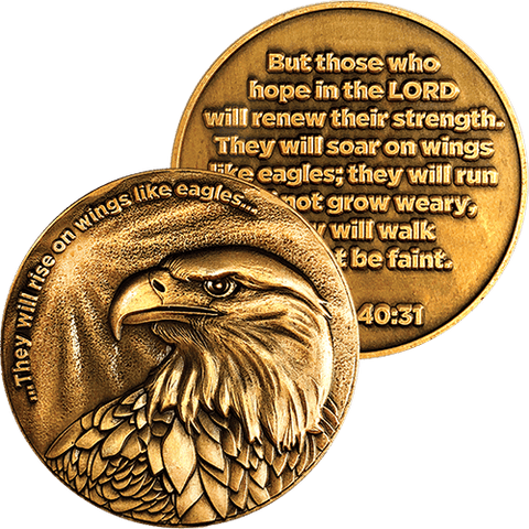 Front and back of Christian Eagle Antique Gold Plated Challenge Coin