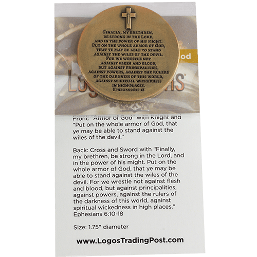 back of Armor of God Antique Gold-Plated Religious Challenge Coin in packaging 