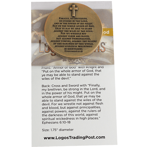 back of Armor of God Antique Gold-Plated Religious Challenge Coin in packaging