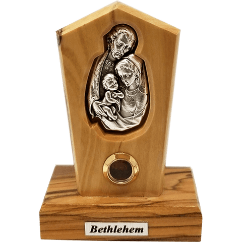 Holy Family Silver Plated Icon Olive Wood Stand - Small