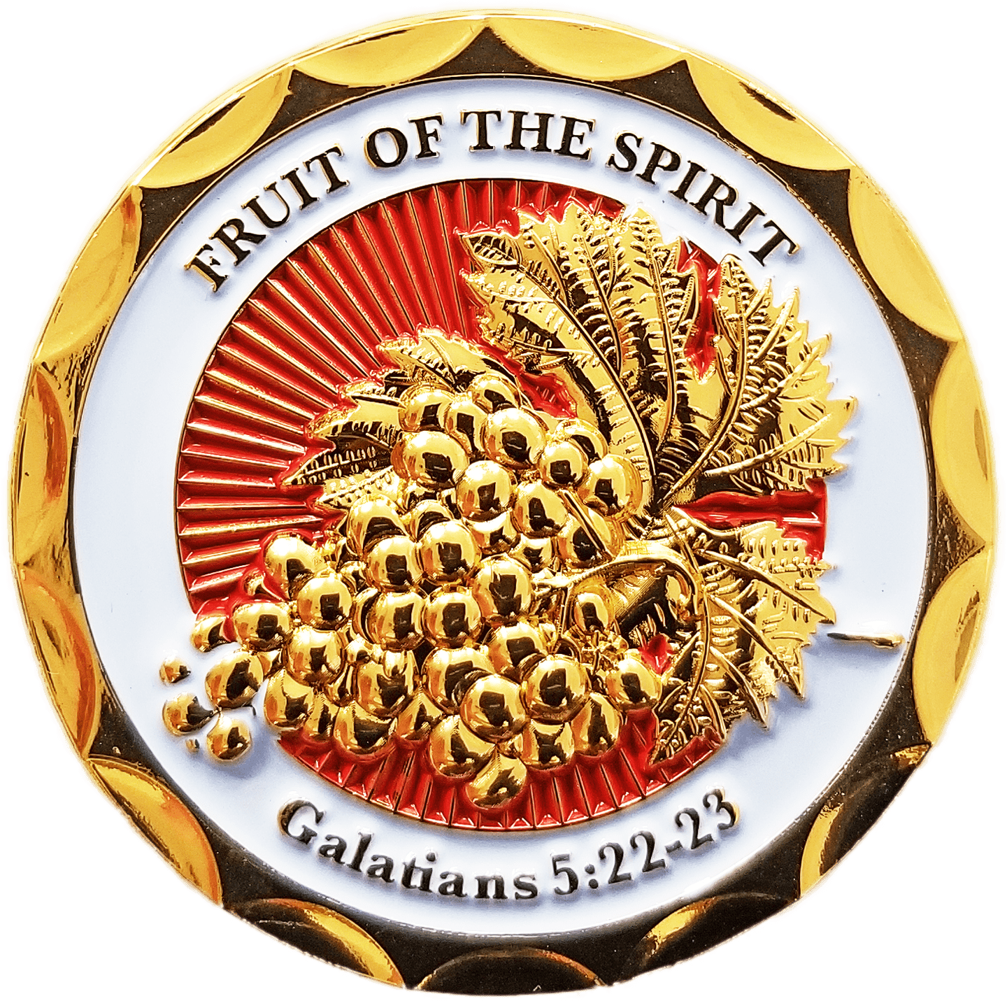Front: Golden grapevine, with text, "Fruit of the Spirit" / "Galatians 5:22-23"