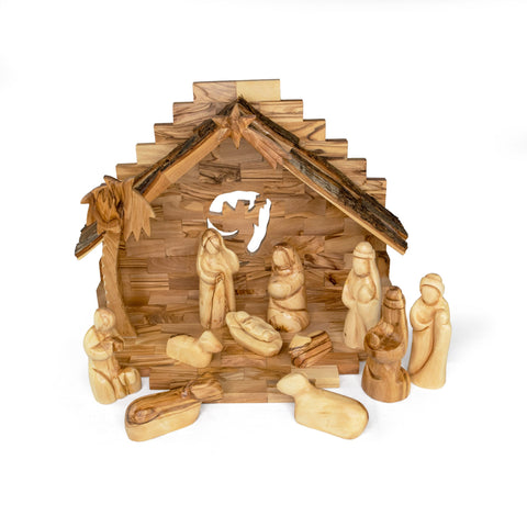 Holy Land Olive Wood Nativity with Large Bark Roof Stable and Small Faceless Figurines