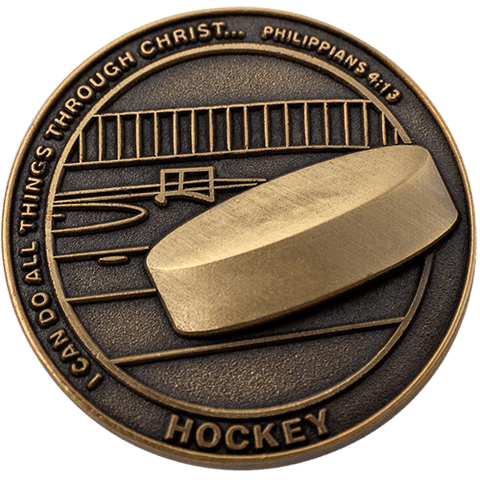 Front: Hockey puck in rink, with text, "I can do all things through Christ... Philippians 4:13" / "Hockey"