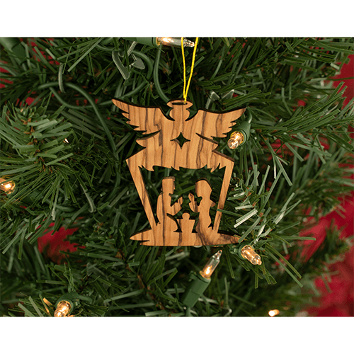 holy land angel wings nativity manger holiday ornament hanging on a christmas tree