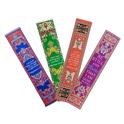 Teachers Gift, Themed Assortment of 4 Woven Fabric Bible Verse Bookmarks, Silky Soft & Flexible Religious Bookmarkers for Novels Books & Bibles, Woven Design, Memory Verse Gift