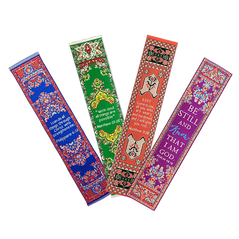 Teachers Gift, Themed Assortment of 4 Woven Fabric Bible Verse Bookmarks, Silky Soft & Flexible Religious Bookmarkers for Novels Books & Bibles, Woven Design, Memory Verse Gift