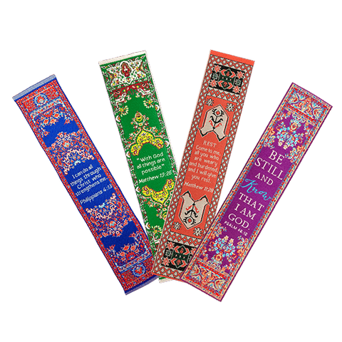 Teachers Gift, Themed Assortment of 4 Woven Fabric Bible Verse Bookmarks, Silky Soft & Flexible Religious Bookmarkers for Novels Books & Bibles, Woven Design, Memory Verse Gift