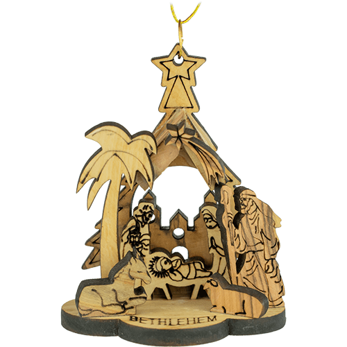 front view of 3-dimensional manger nativity scene ornament