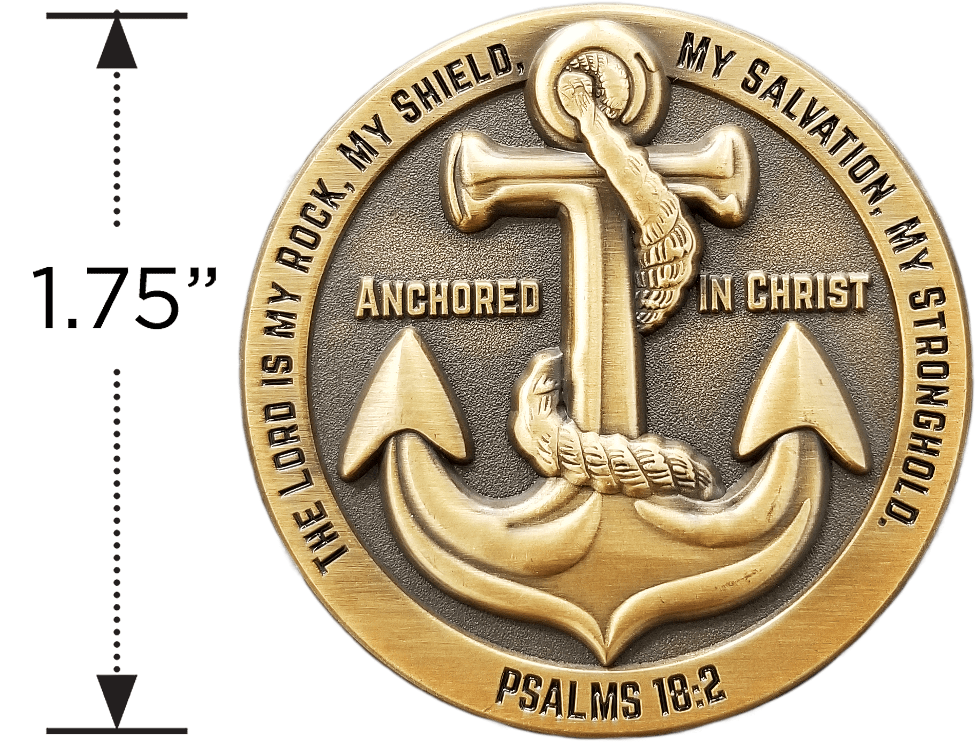 Front of the Anchored in Christ Antique Gold Plated Christian Challenge Coin with size diameter