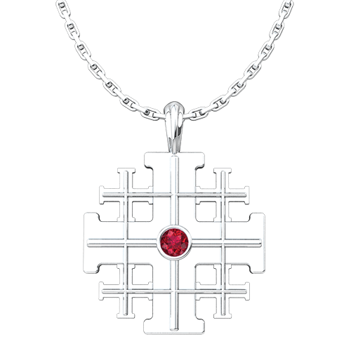 Jerusalem Cross with CZ Ruby, Sterling Silver Pendant - 18 Inch Chain