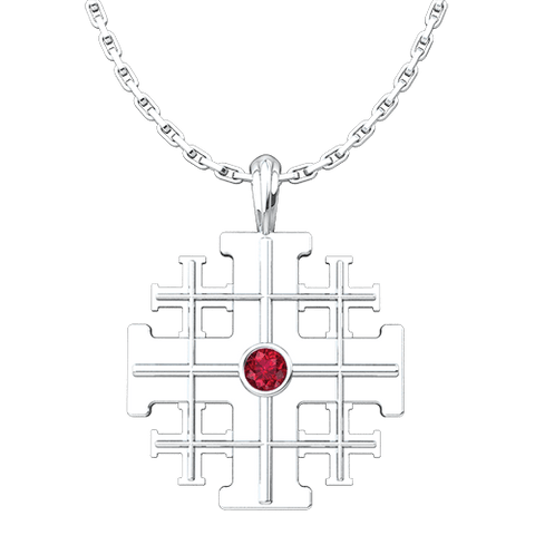 Jerusalem Cross with CZ Ruby, Sterling Silver Pendant - 18 Inch Chain