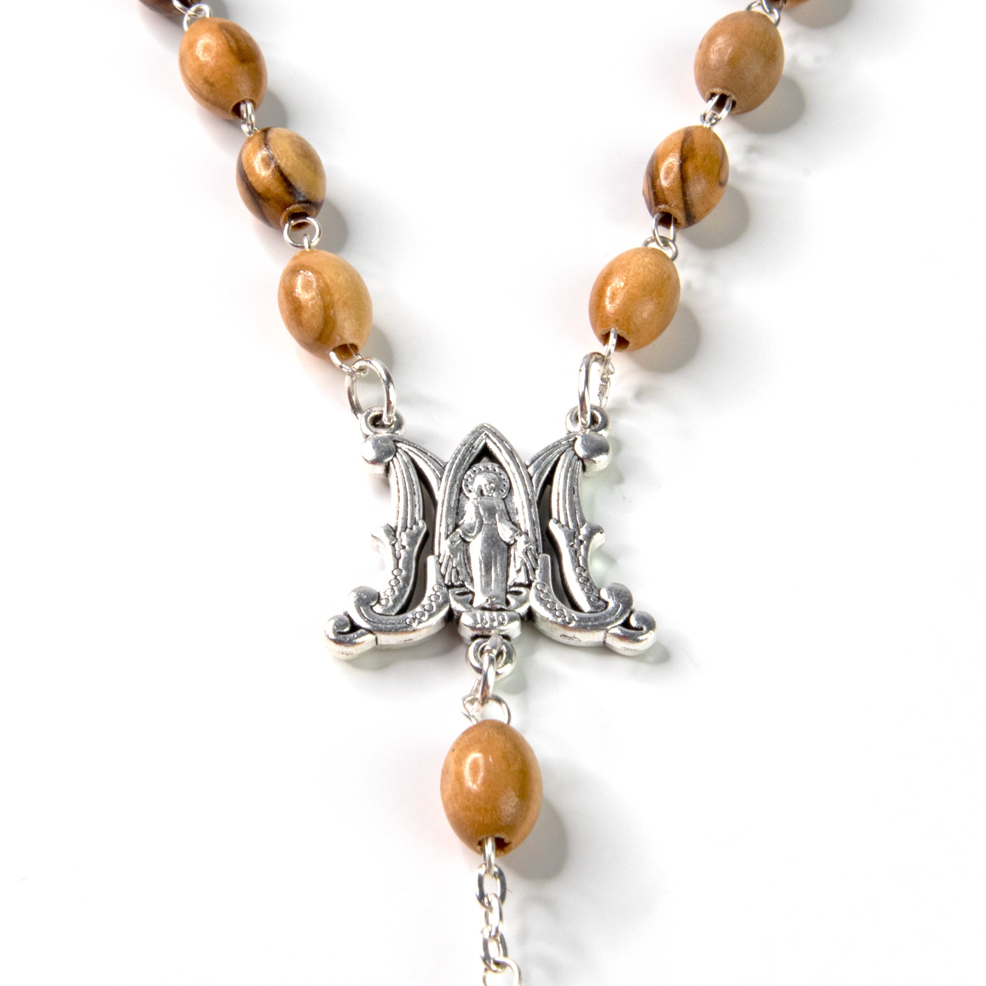 Miraculous Medal Olive Wood Rosary - Silver