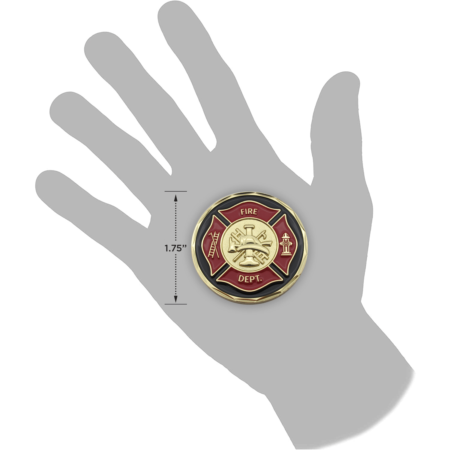 Firefighter Appreciation Gold Plated Challenge Coin in a hand for size reference 