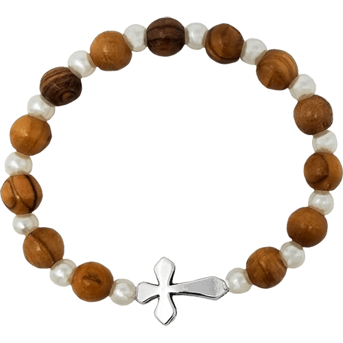 Olive Wood Stretch Bracelet, White Beads and Inlet Cross