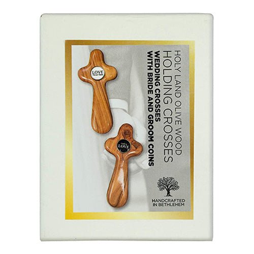 Outside top down view of the protective box for the olive wood wedding cross gift set of two unity crosses