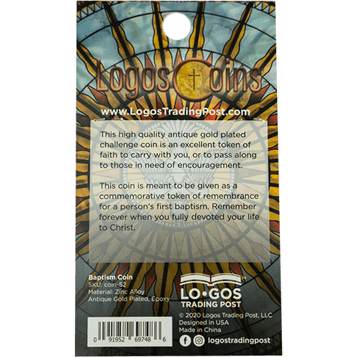 back of Baptismal Antique Gold Plated Challenge Coin packaging
