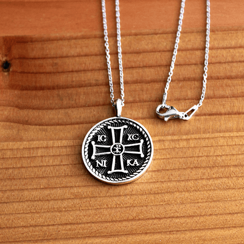 IC XC NIKA Round Pendant with Chi Rho Symbol, Sterling Silver Pendant and 18 Inch Chain