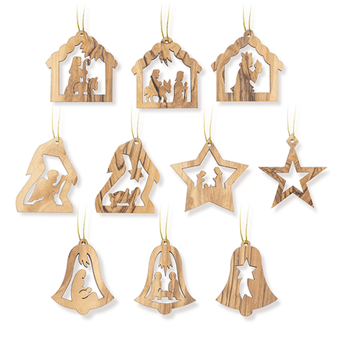 Olive Wood Christmas Ornaments, Bulk Set of 10
