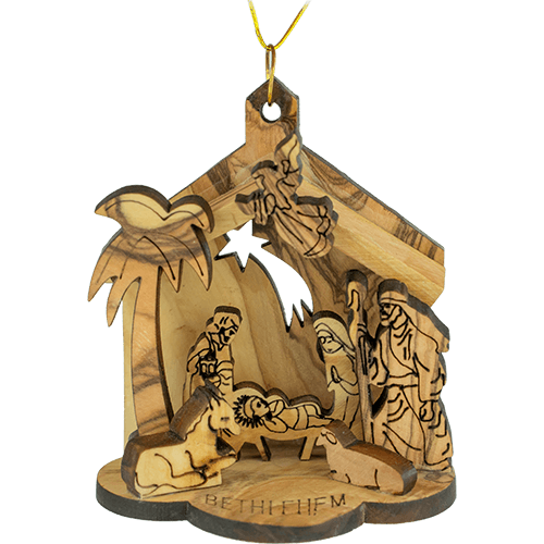 Nativity Scene & Shooting Star, 3D Manger Olive Wood Christmas Ornament from Israel, Made in the Holy Land of Bethlehem