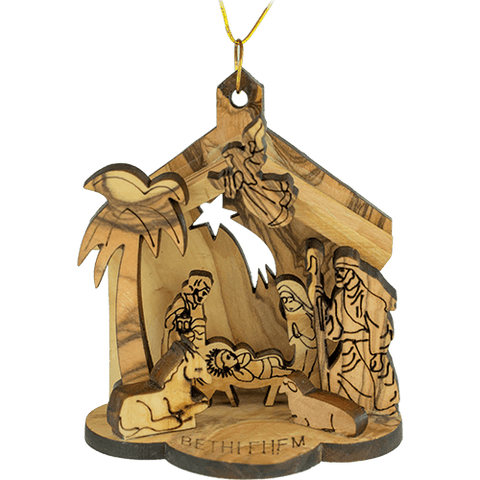 Nativity Scene & Shooting Star, 3D Manger Olive Wood Christmas Ornament from Israel, Made in the Holy Land of Bethlehem