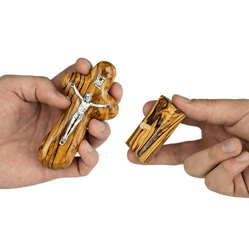 Olive Wood Comfort Cross with Crucifix & Tabletop Stand, Pocket Prayer Token from Israel