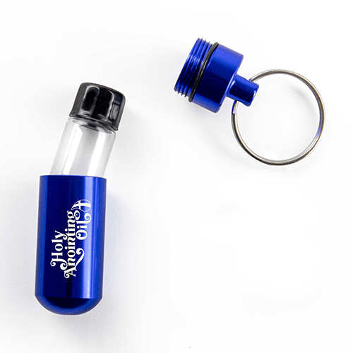 Oil Vial Keyring showing opened keyring vial holder with vial inside holder