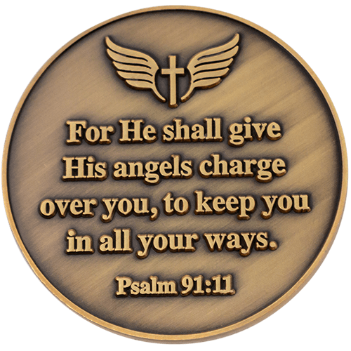 Back: Wings and cross, with text, "For He shall give His angels charge over you, to keep you in all your ways. Psalm 91:11"
