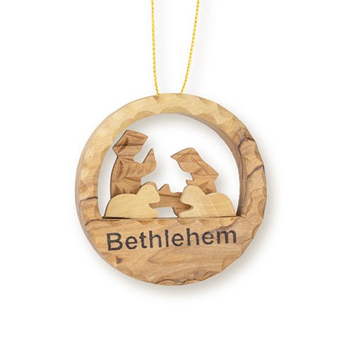 Holy Family Circle Nativity Scene, 3D Olive Wood Ornament