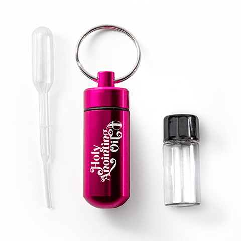 Oil Vial Keyring showing keyring vial holder, vial and eyedropper