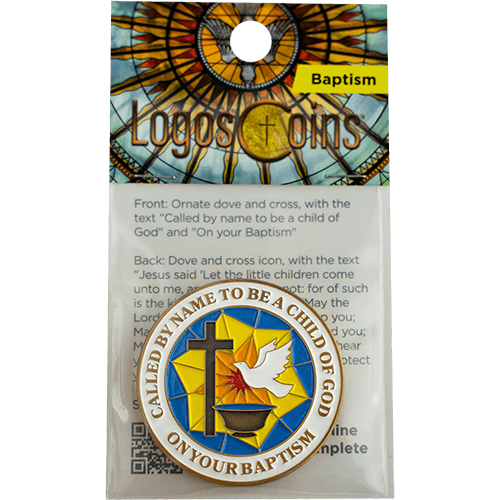 front of Baptismal Antique Gold Plated Challenge Coin in packaging