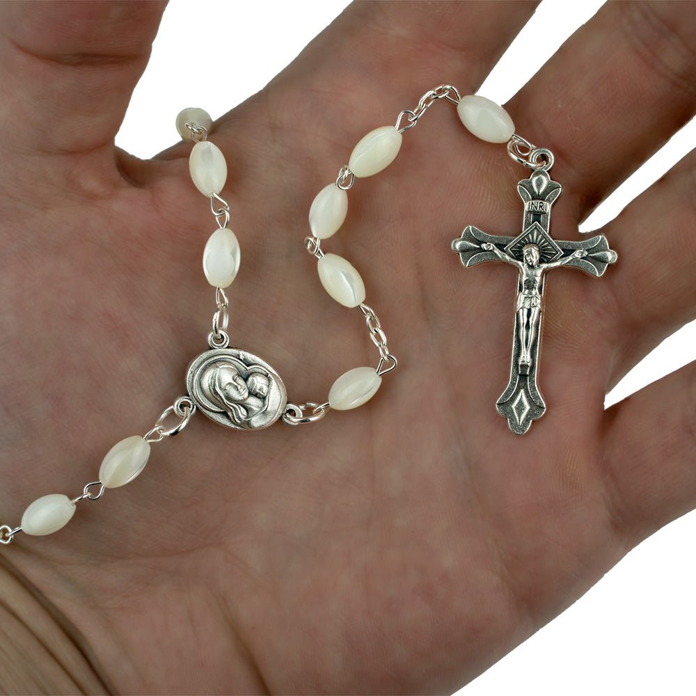 Mother of Pearl Catholic Rosary, Virgin Mary & Baby Jesus Medal