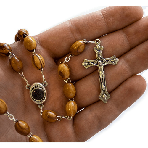 Olive Wood Rosary with Virgin Mary and Jesus Silver Oval Medal and Jerusalem Soil