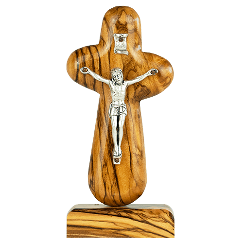 Olive Wood Comfort Cross with Crucifix & Tabletop Stand, Pocket Prayer Token from Israel