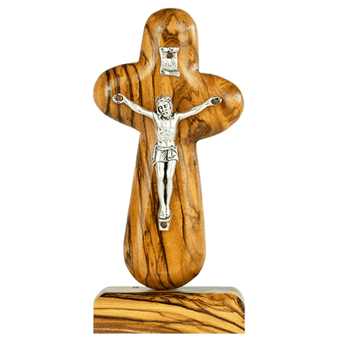 Olive Wood Comfort Cross with Crucifix & Tabletop Stand, Pocket Prayer Token from Israel