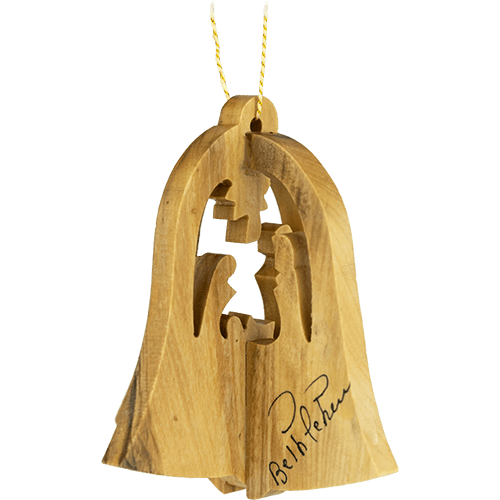 Holy family christmas bell nativity 3-dimensional olive wood ornament from Israel