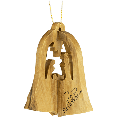 Holy family christmas bell nativity 3-dimensional olive wood ornament from Israel