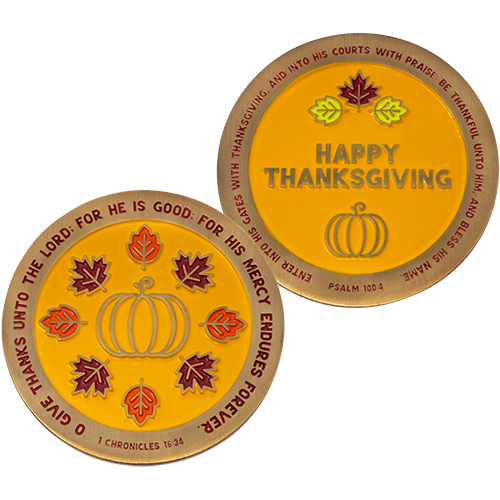 Thanksgiving Antique Gold Plated Christian Challenge Coin - 1 Chronicles 16:34
