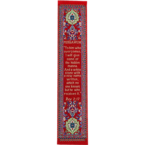 Woven Fabric Christian Bookmark: Pergamum  - Promises of the Seven Churches of Revelations - Revelations 2:17