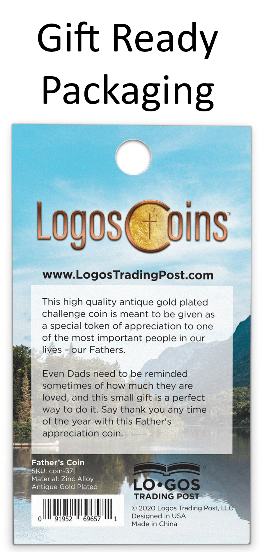 back of Father's Appreciation Gold Plated Challenge Coin packaging