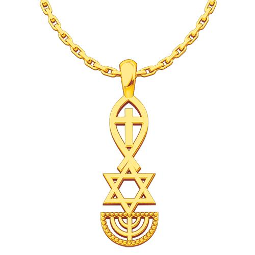 Messianic, Jesus Fish, Star of David, & Menorah, Gold Plated Sterling Silver Pendant Necklace for Men and Women