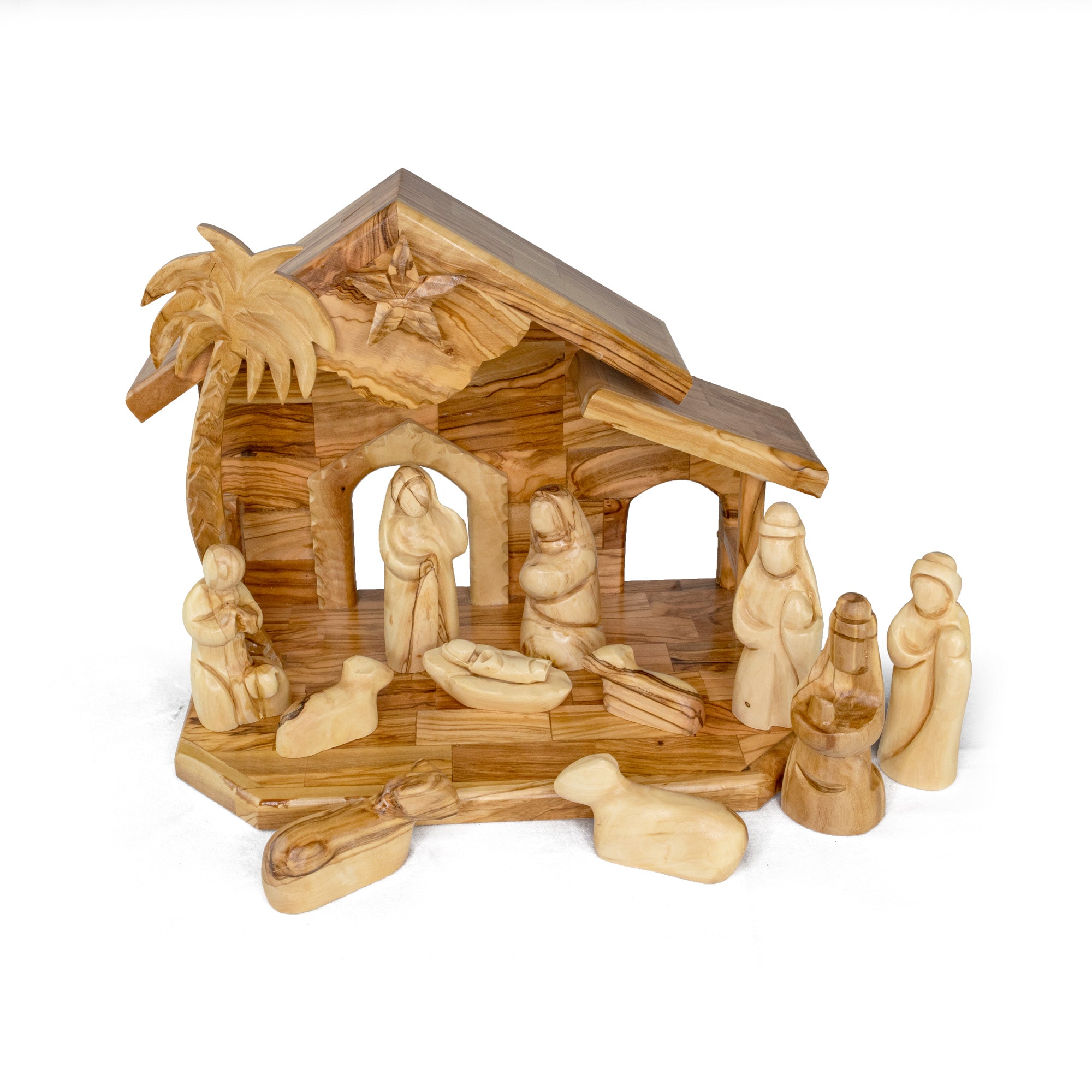 Holy Land Olive Wood Nativity with Medium Stable and Small Faceless Figurines